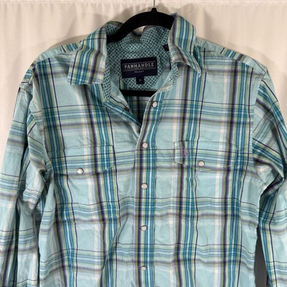 Panhandle Select Pearl Snap Men's Small Green Plaid Long Sleeve 100% Cotton - Picture 2 of 11